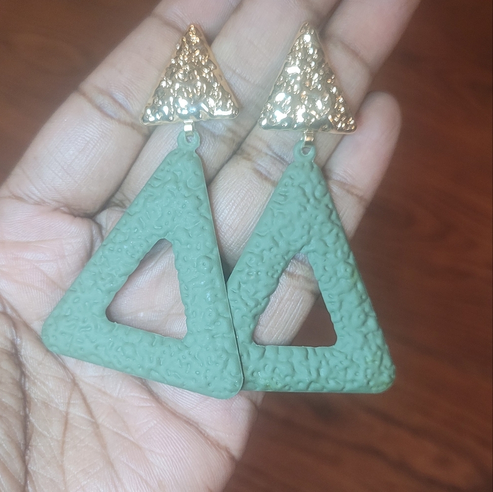 Green and Gold Triangle Earrings